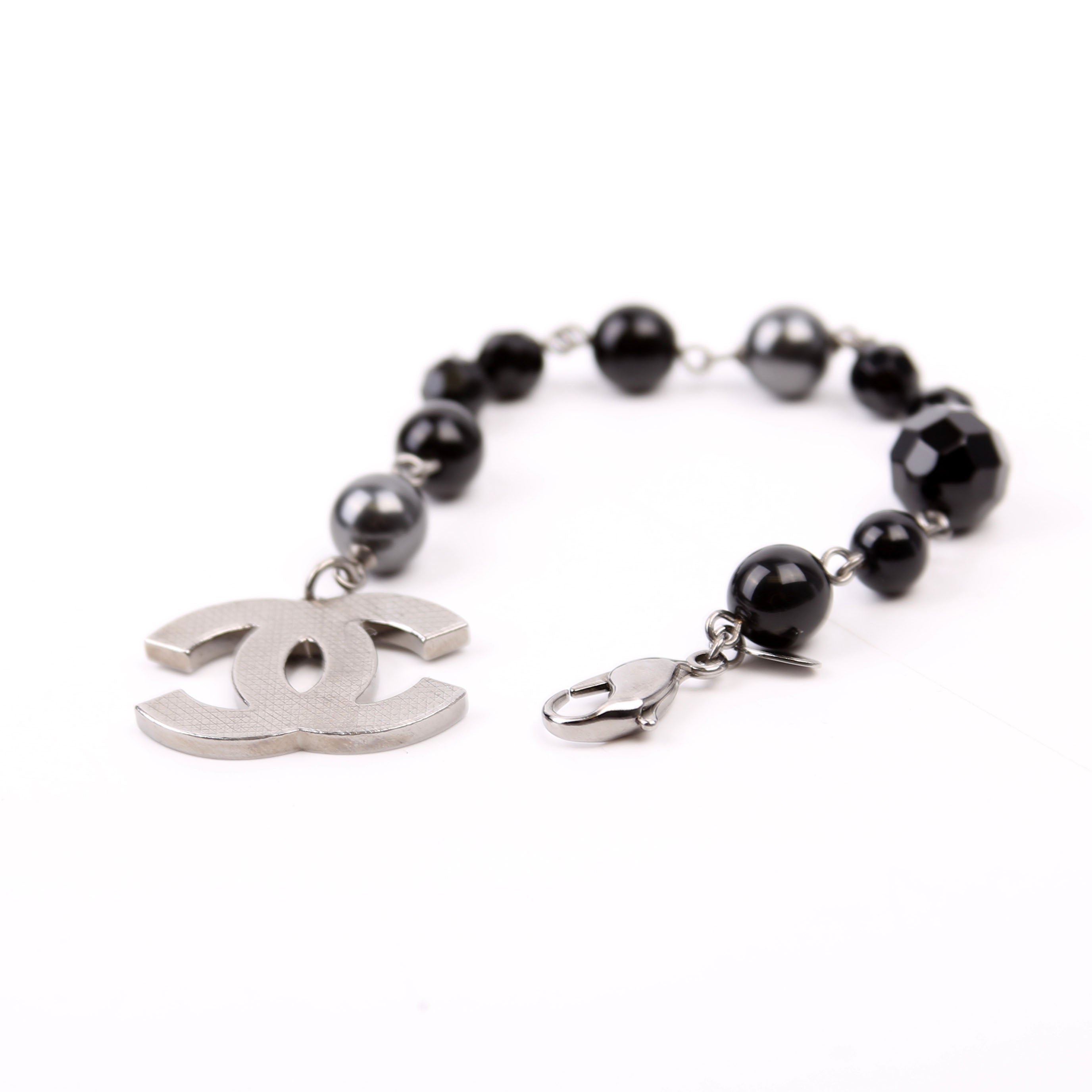 Large CC Beaded Chain Bracelet Silver/Black