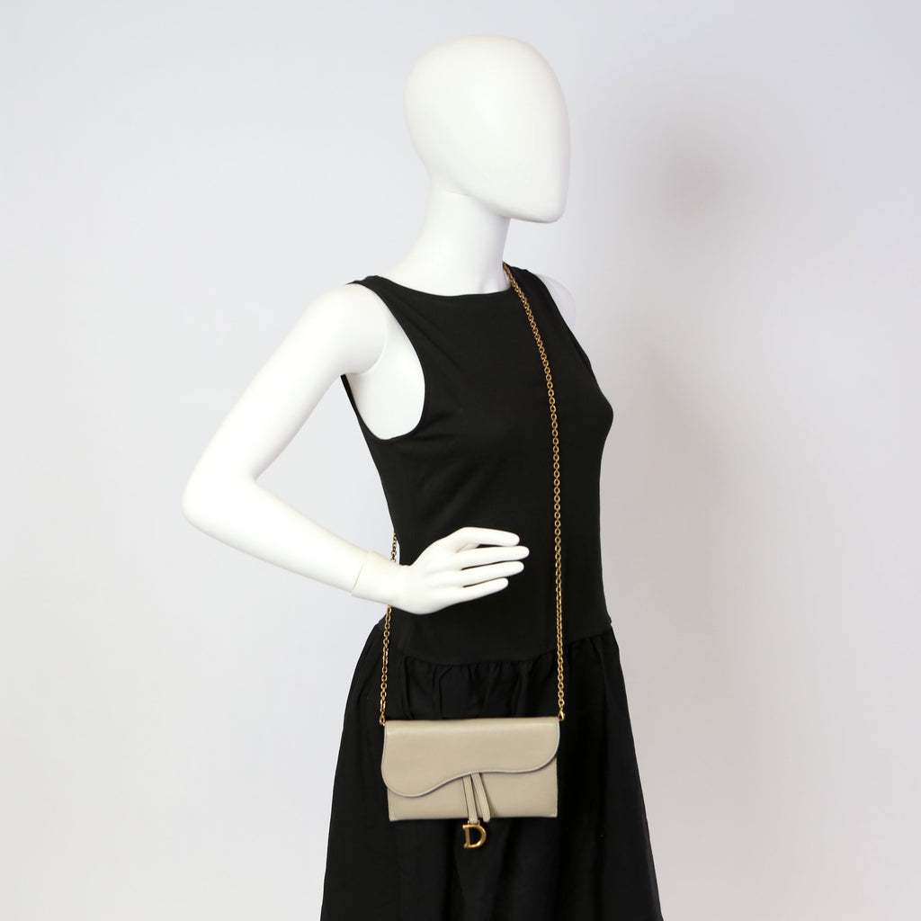 Dior Saddle Pouch With Chain Small Calfskin Gray