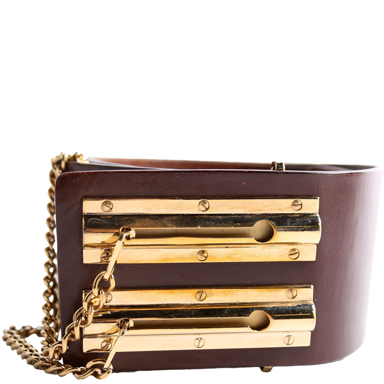 Double Sliding Lock Chain Wide Leather Belt Size 95/38 Brown/Gold