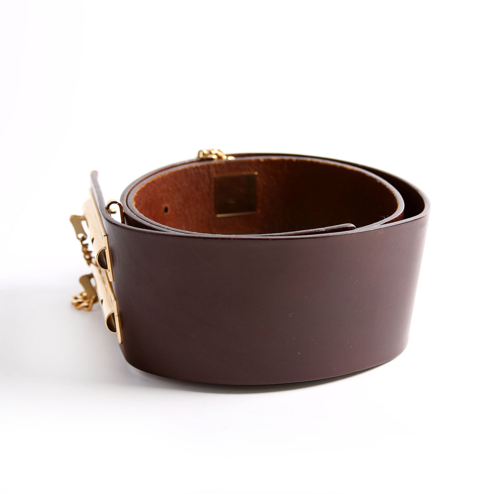 Double Sliding Lock Chain Wide Leather Belt Size 95/38 Brown/Gold