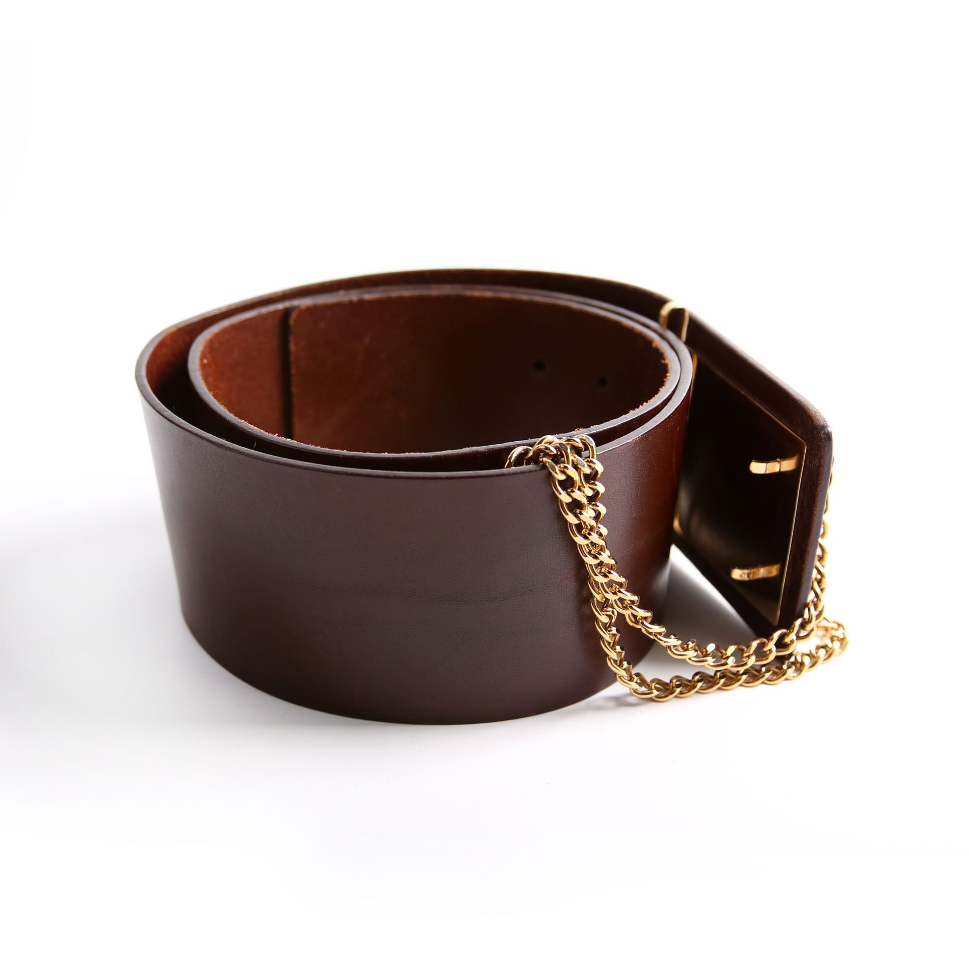 Double Sliding Lock Chain Wide Leather Belt Size 95/38 Brown/Gold