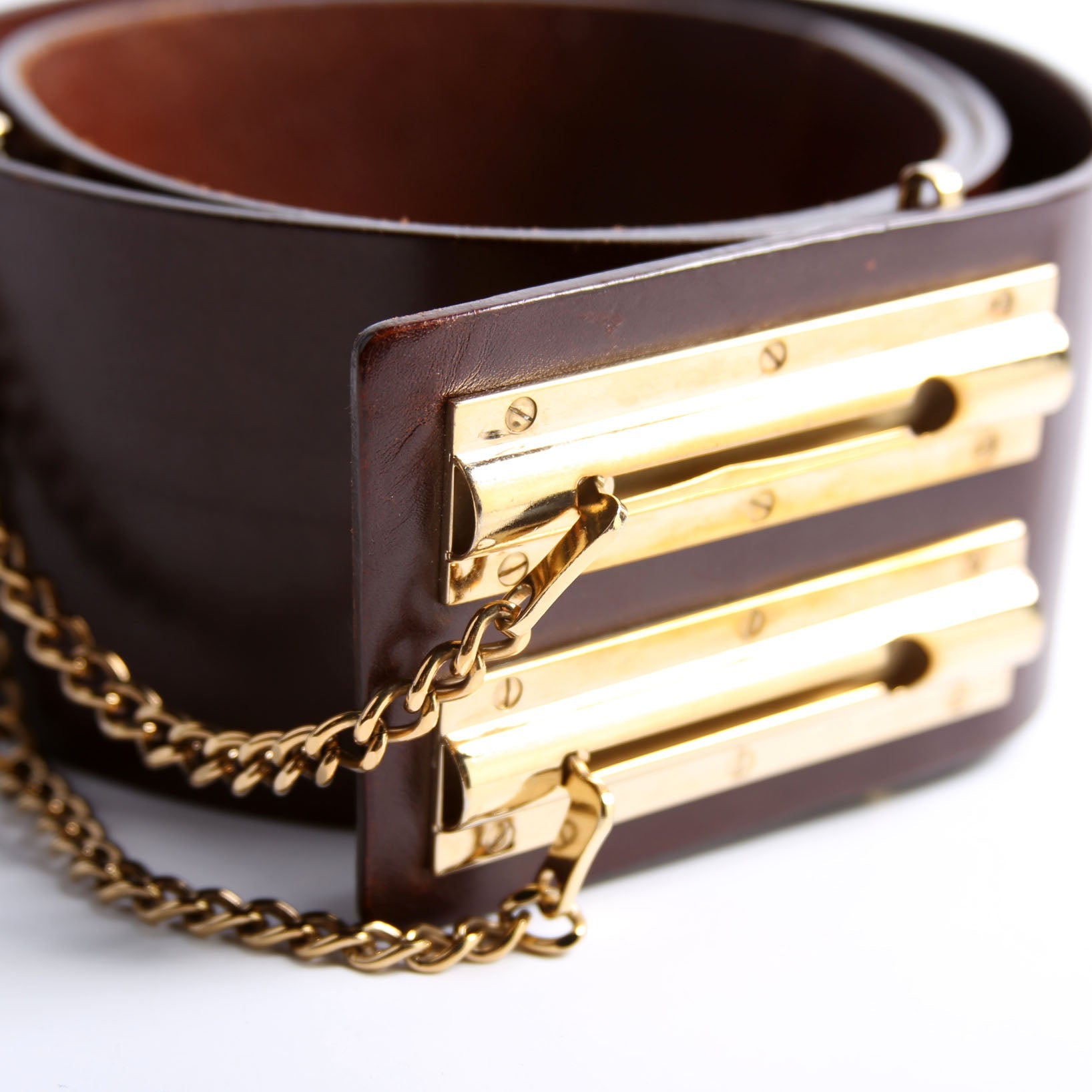 Double Sliding Lock Chain Wide Leather Belt Size 95/38 Brown/Gold