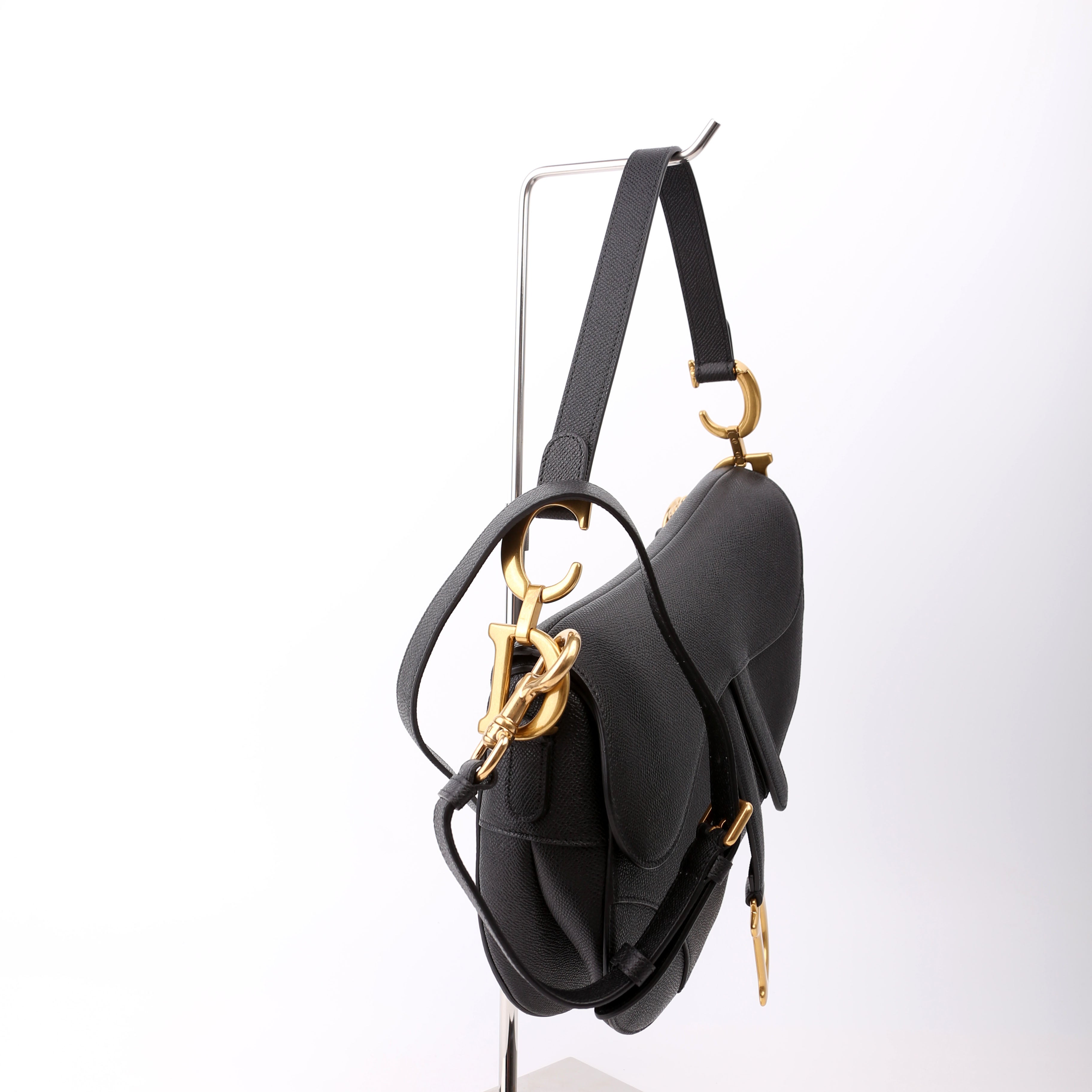 Saddle Bag with Strap Grained Leather Black