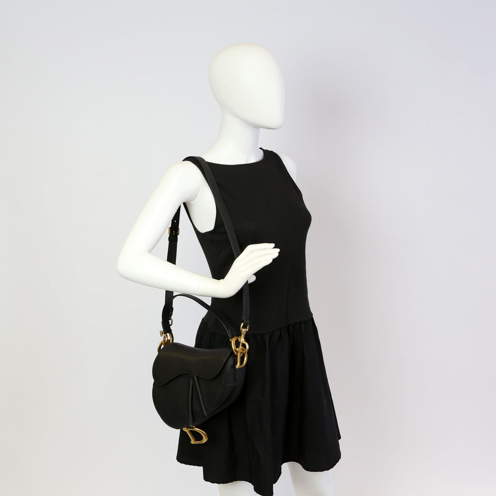 Saddle Bag with Strap Grained Leather Black