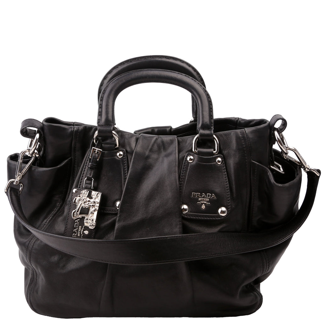 Pleated Soft Calfskin Satchel Black