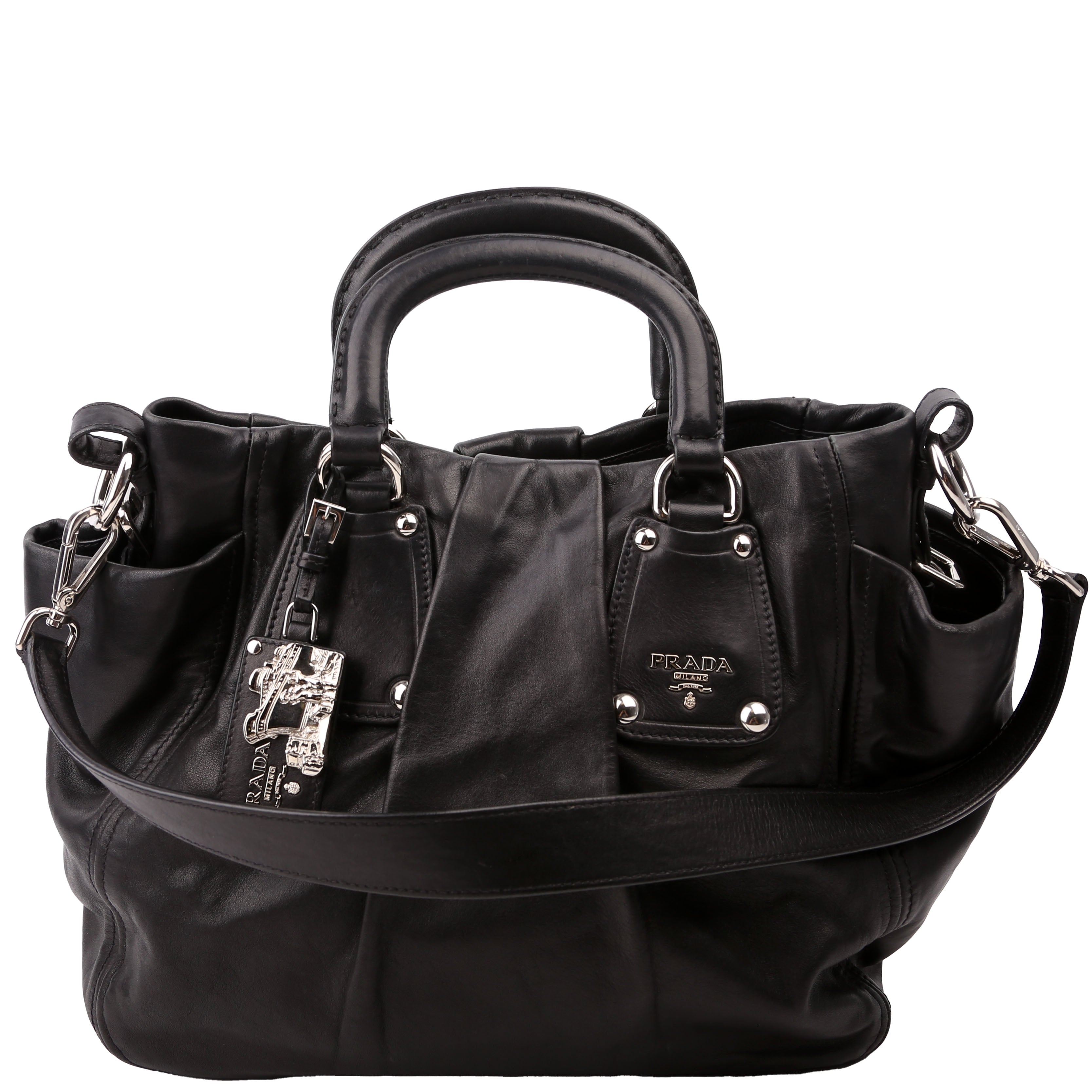 Pleated Soft Calfskin Satchel Black
