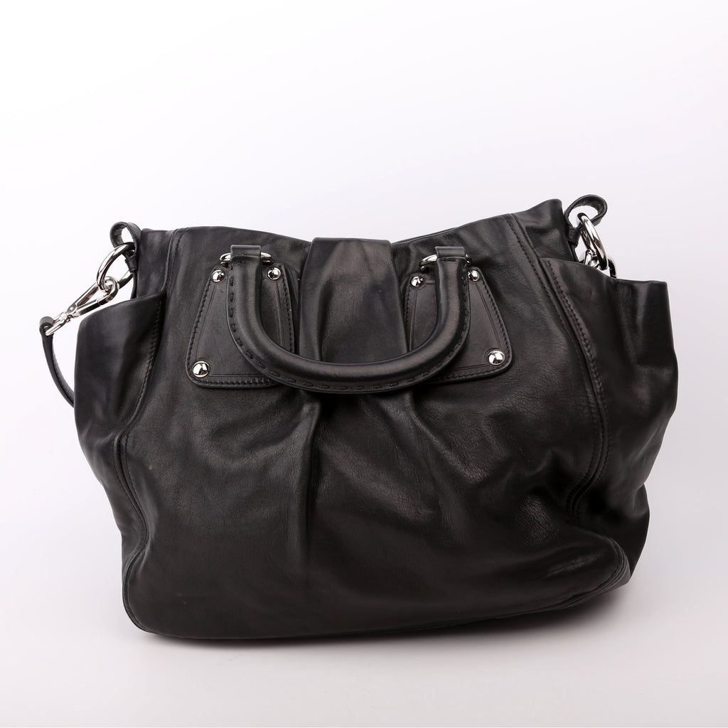 Pleated Soft Calfskin Satchel Black