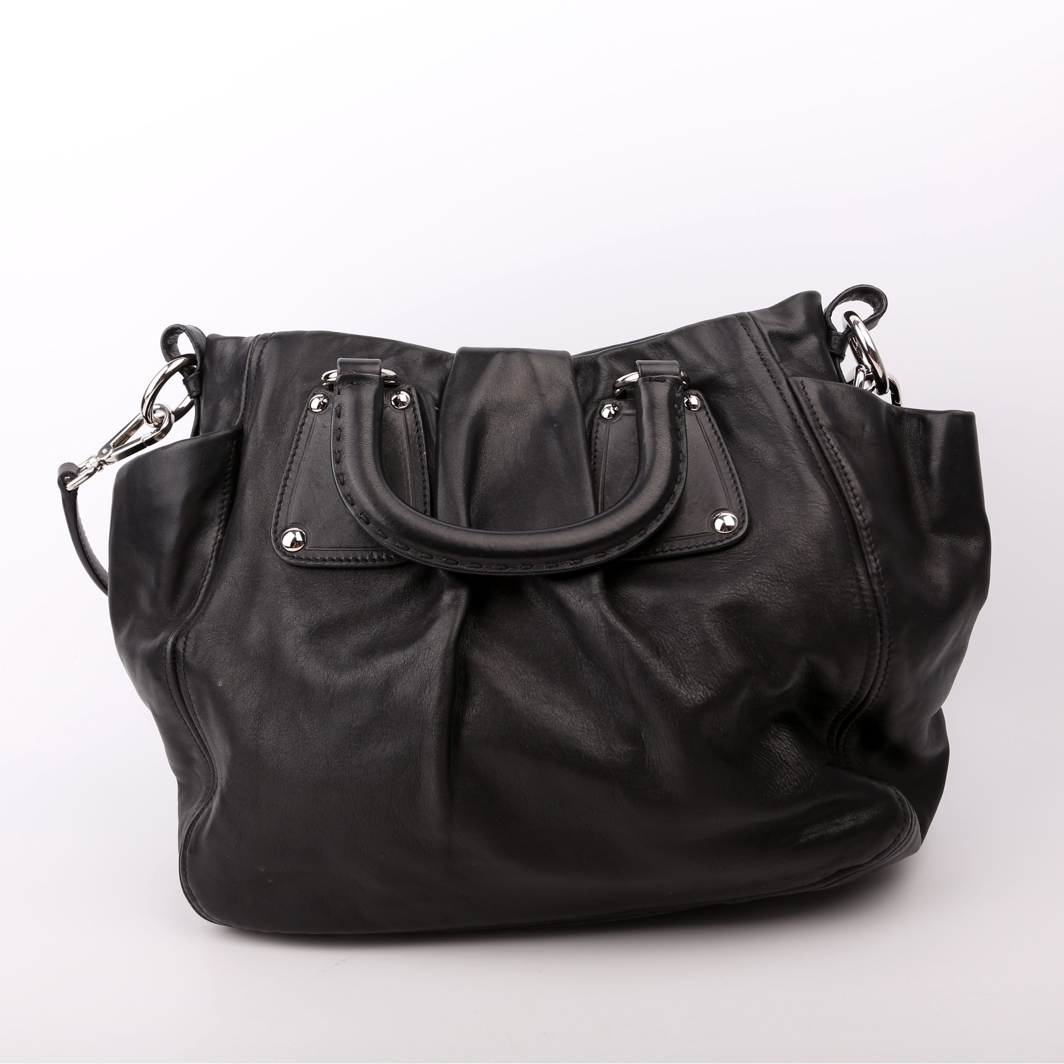 Pleated Soft Calfskin Satchel Black