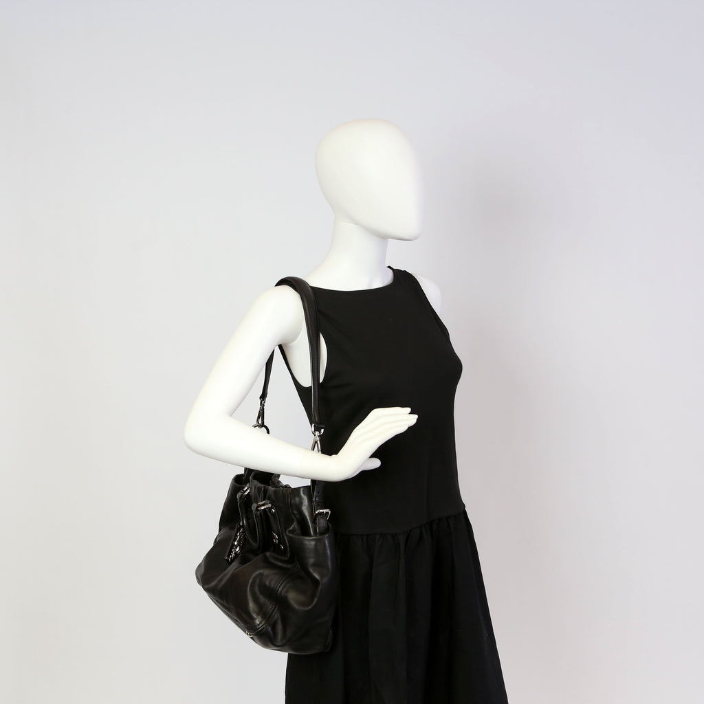 Pleated Soft Calfskin Satchel Black