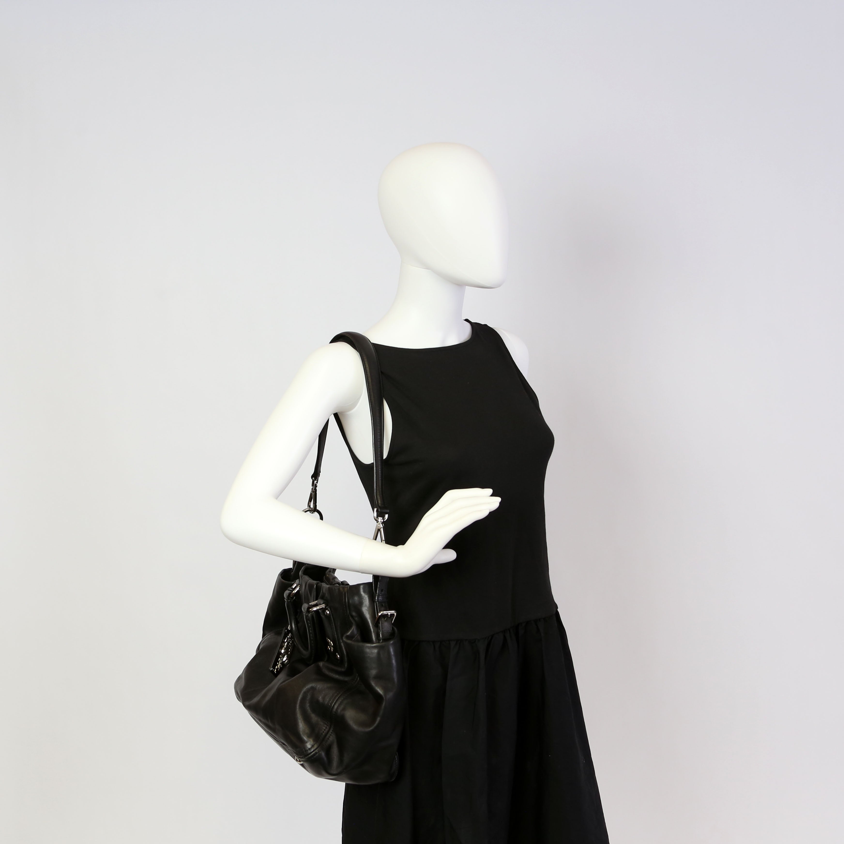 Pleated Soft Calfskin Satchel Black