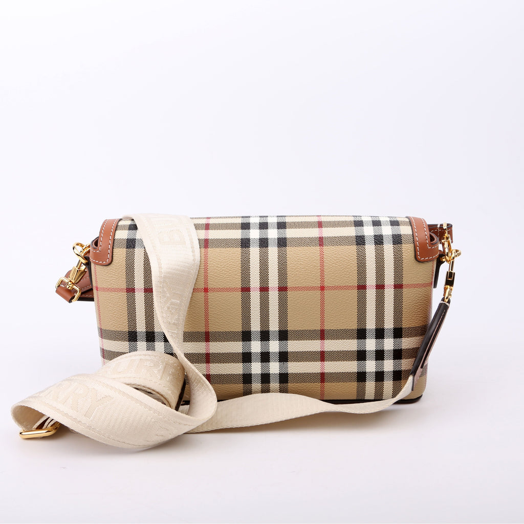Note Top Handle Crossbody Check Coated Canvas Brown