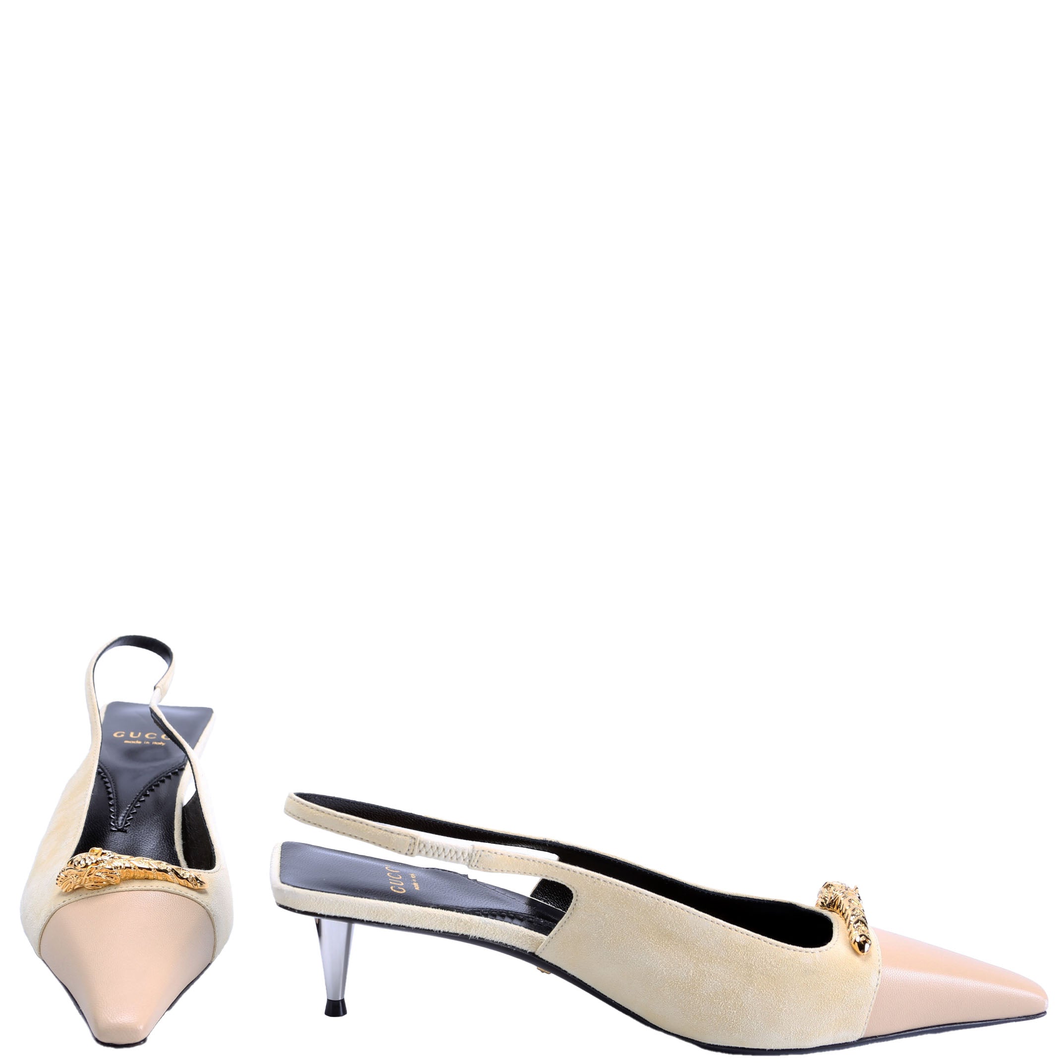 Mona Pointed Toe 45MM Kitten Heels Size 37 Tan/Gold
