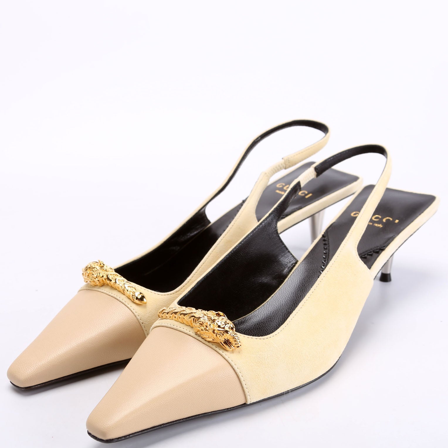 Mona Pointed Toe 45MM Kitten Heels Size 37 Tan/Gold