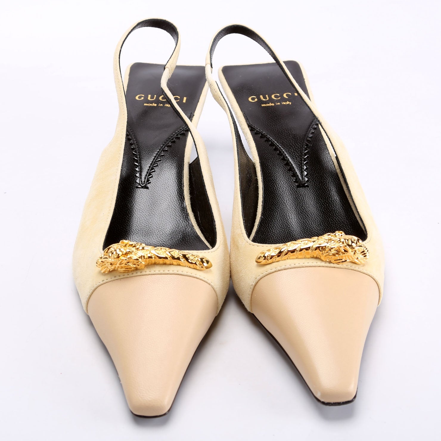 Mona Pointed Toe 45MM Kitten Heels Size 37 Tan/Gold