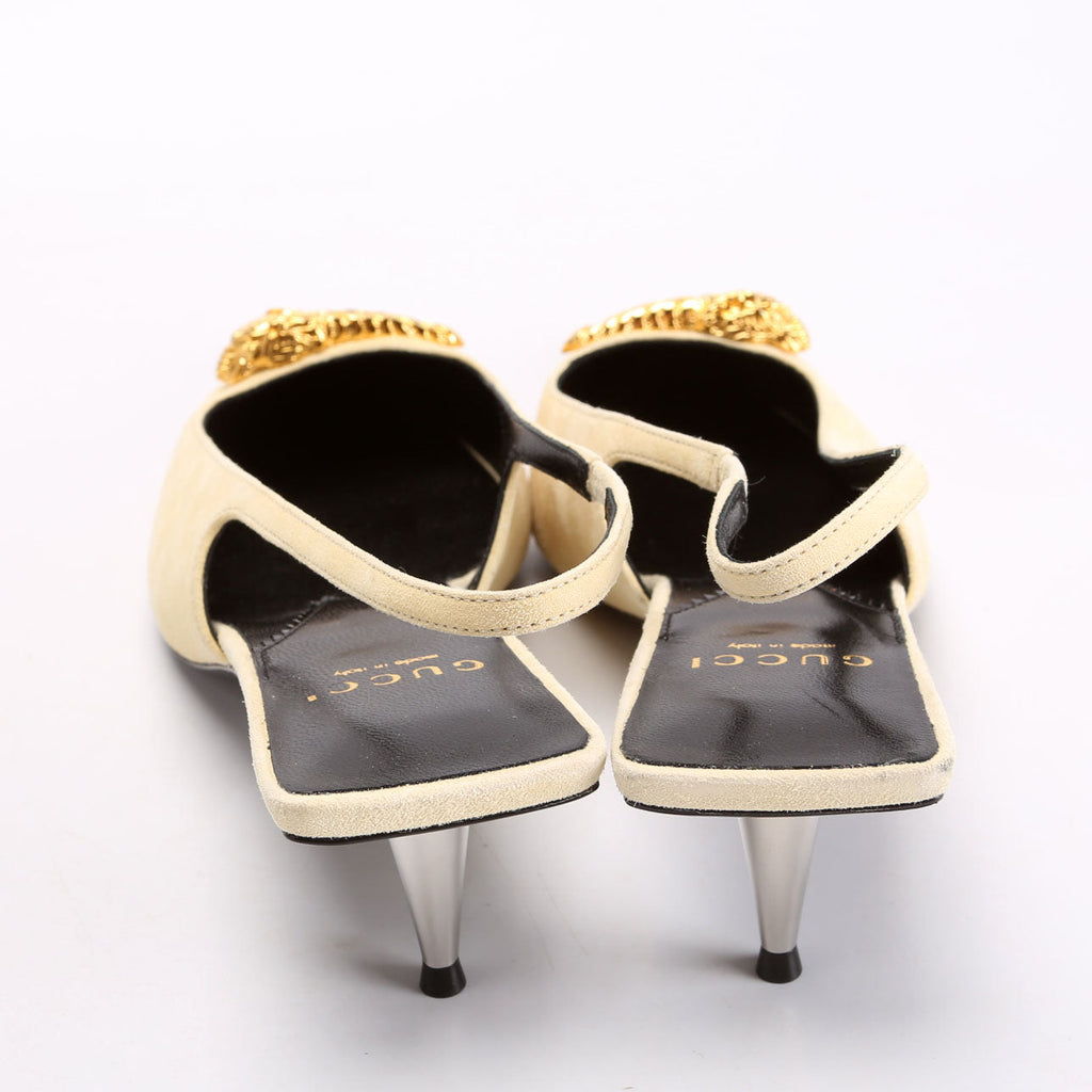 Mona Pointed Toe 45MM Kitten Heels Size 37 Tan/Gold