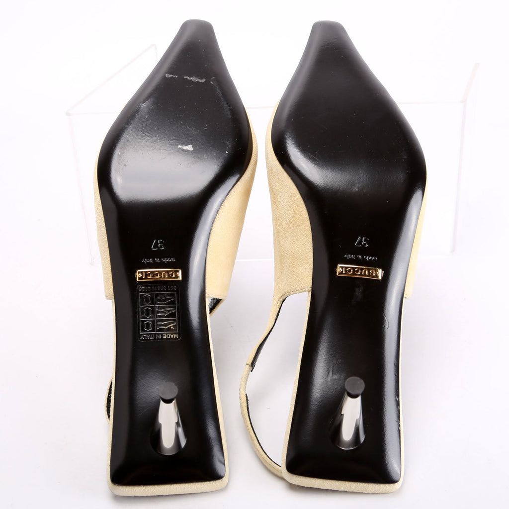 Mona Pointed Toe 45MM Kitten Heels Size 37 Tan/Gold