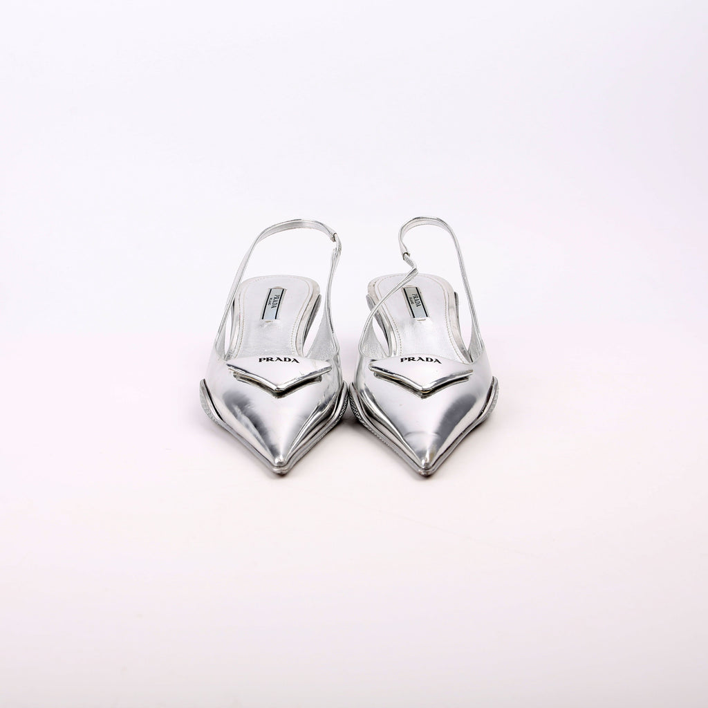 Pointy Toe Slingback Metallic Pumps Size 36.5 Silver
