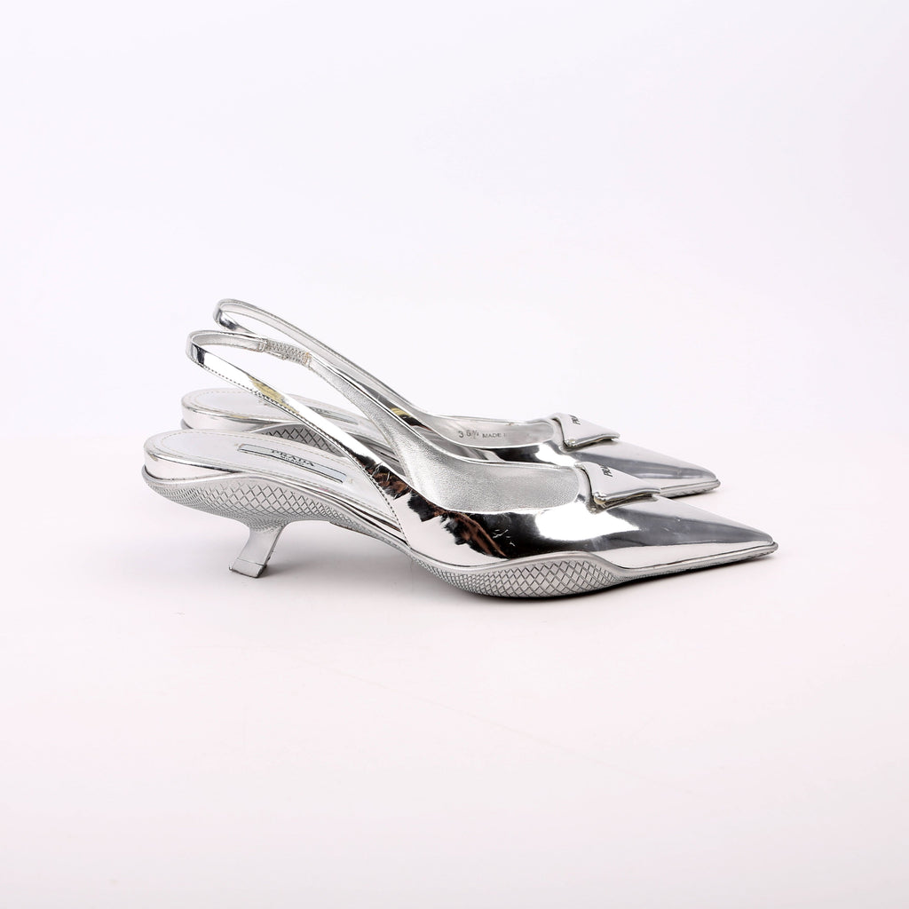 Pointy Toe Slingback Metallic Pumps Size 36.5 Silver