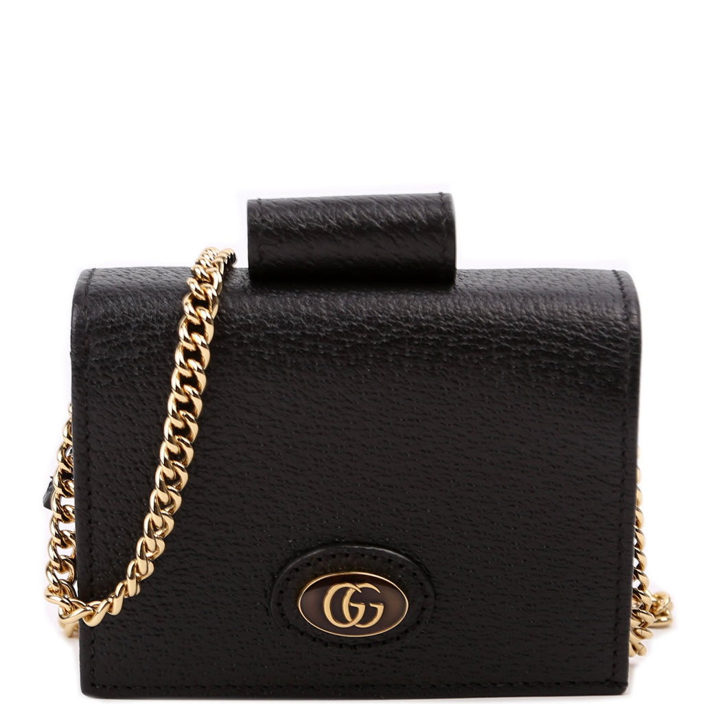 617195 GG Enamel Calfskin Lipstick Card Holder Chain Wallet Black
