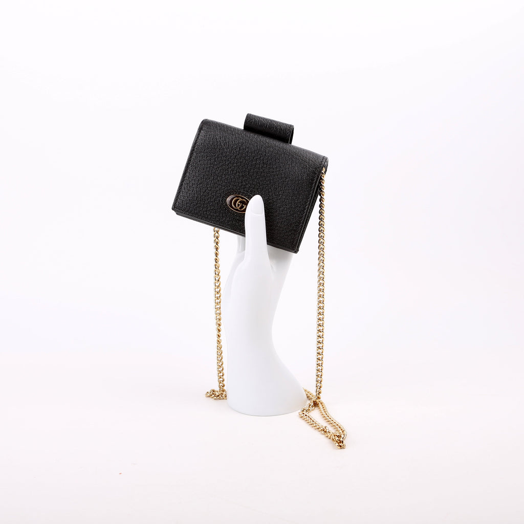 617195 GG Enamel Calfskin Lipstick Card Holder Chain Wallet Black