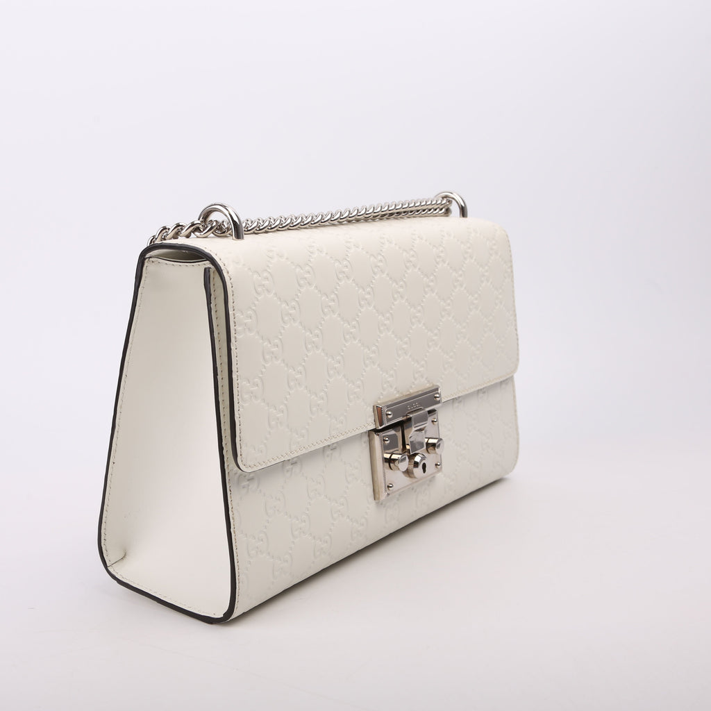 409486 Padlock GG Leather Shoulder Medium White