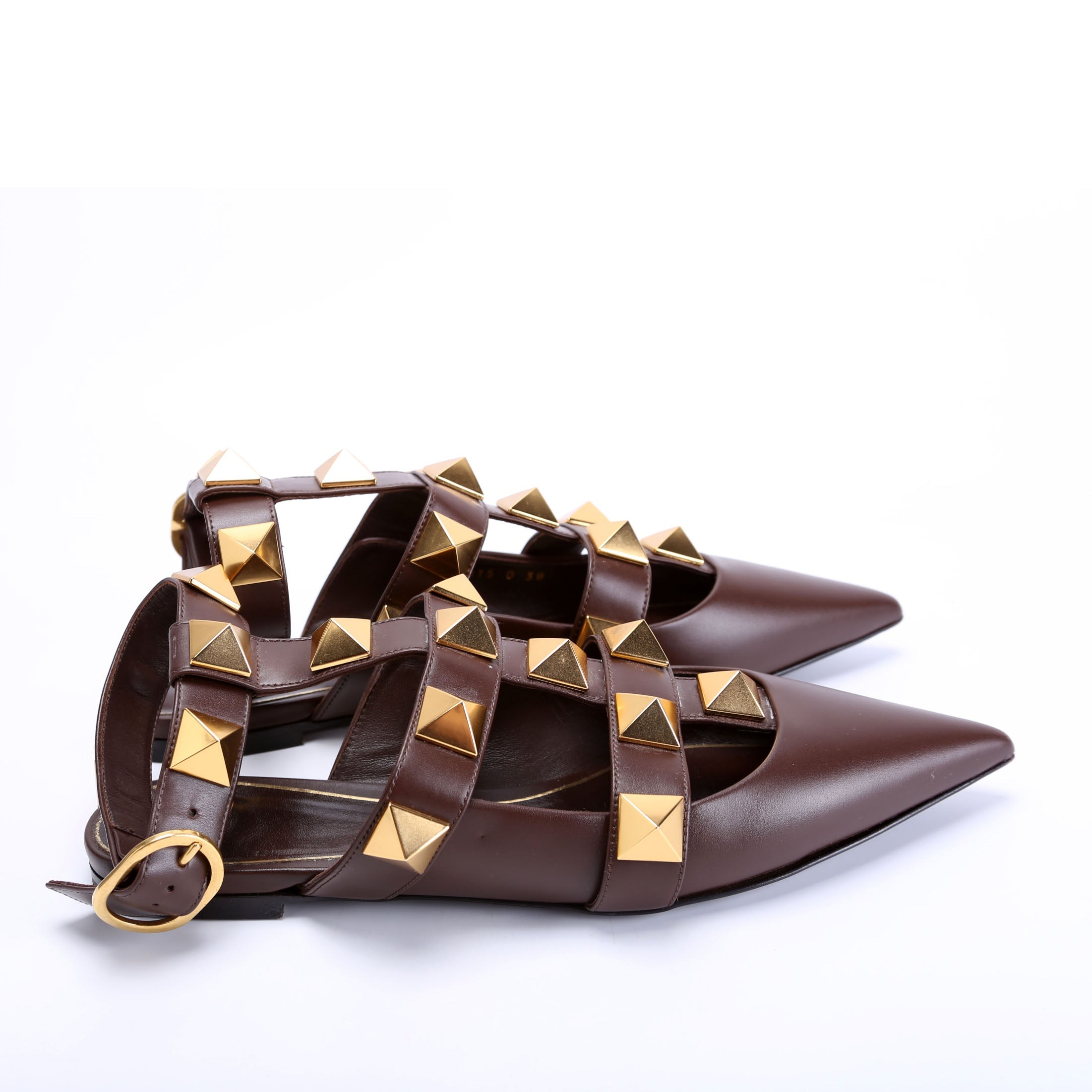 Roman Stud Ankle Strap Ballet Flats Size 38 Brown
