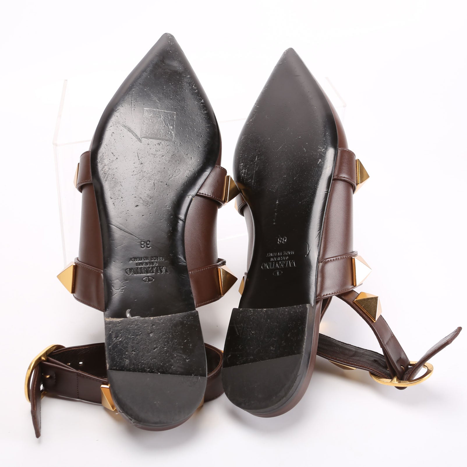 Roman Stud Ankle Strap Ballet Flats Size 38 Brown