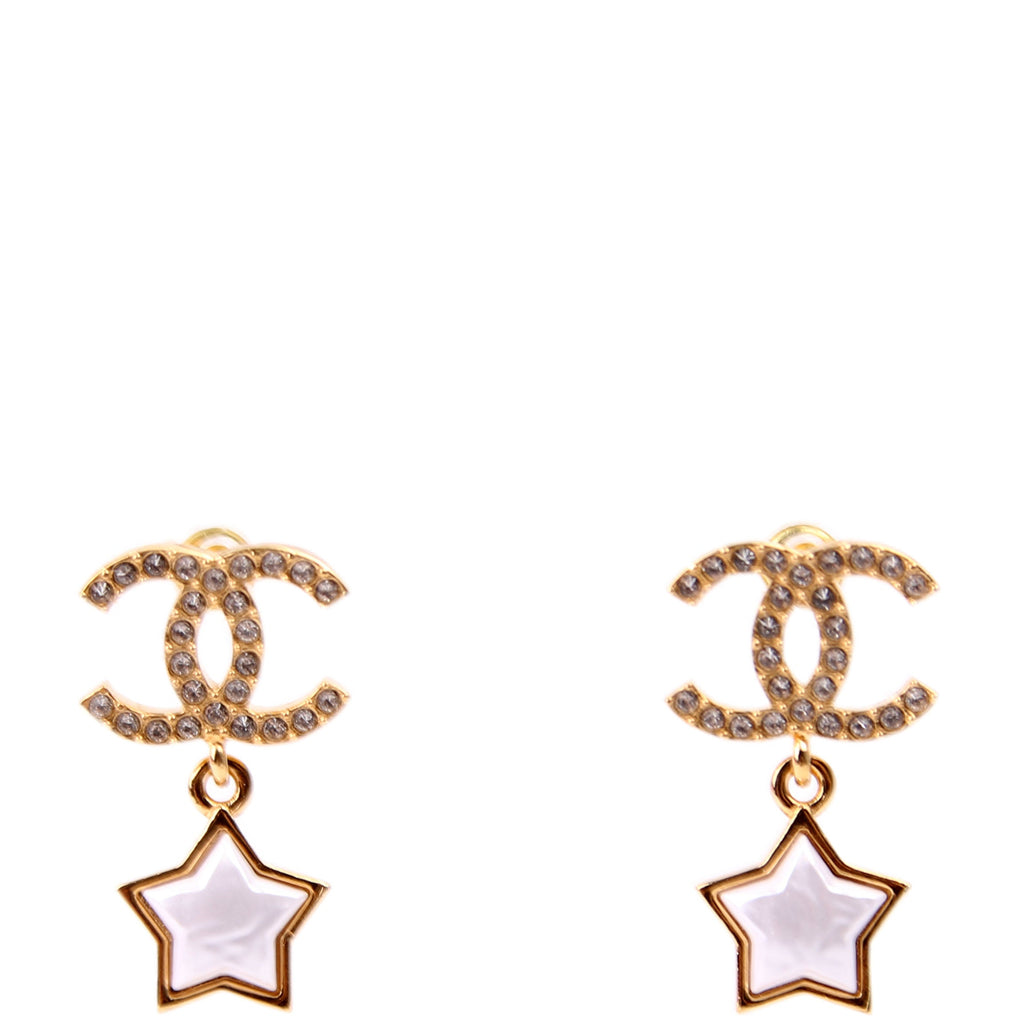 Crystal CC Star Pearl Drop Stud Earrings Gold