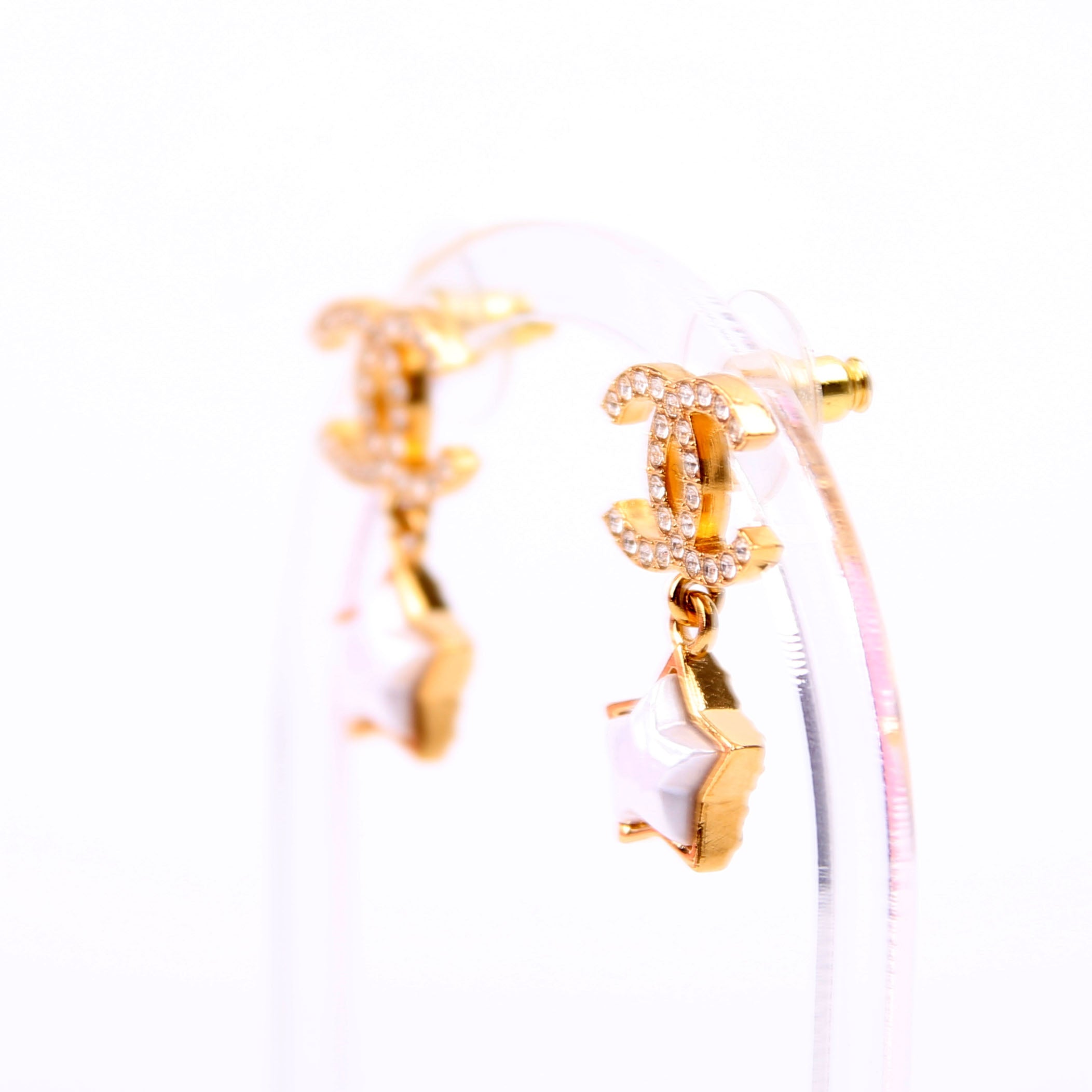 Crystal CC Star Pearl Drop Stud Earrings Gold