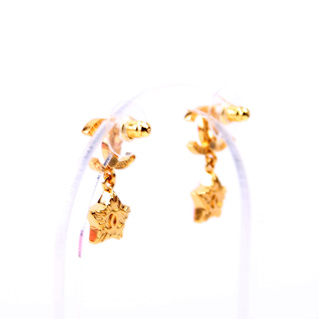 Crystal CC Star Pearl Drop Stud Earrings Gold