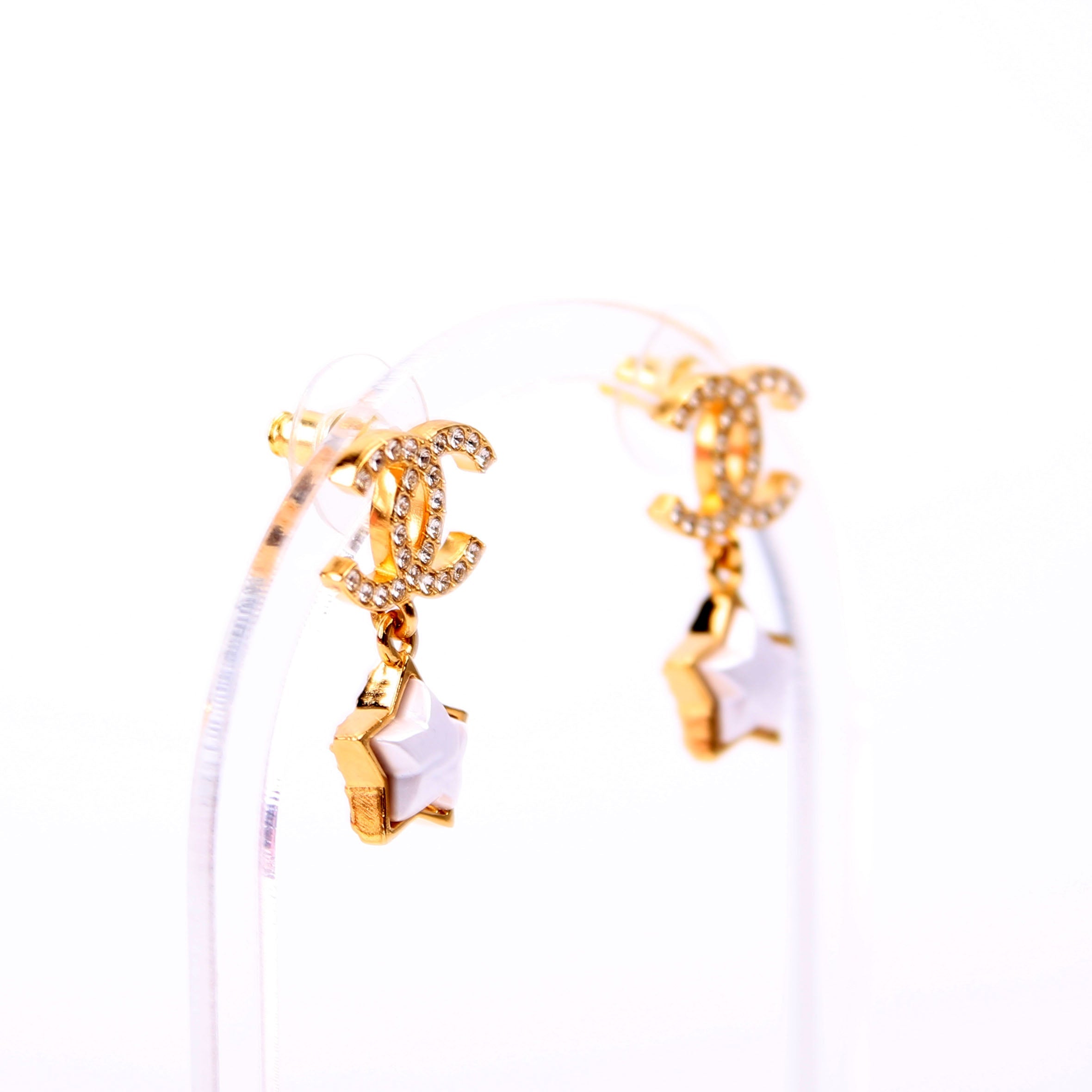 Crystal CC Star Pearl Drop Stud Earrings Gold