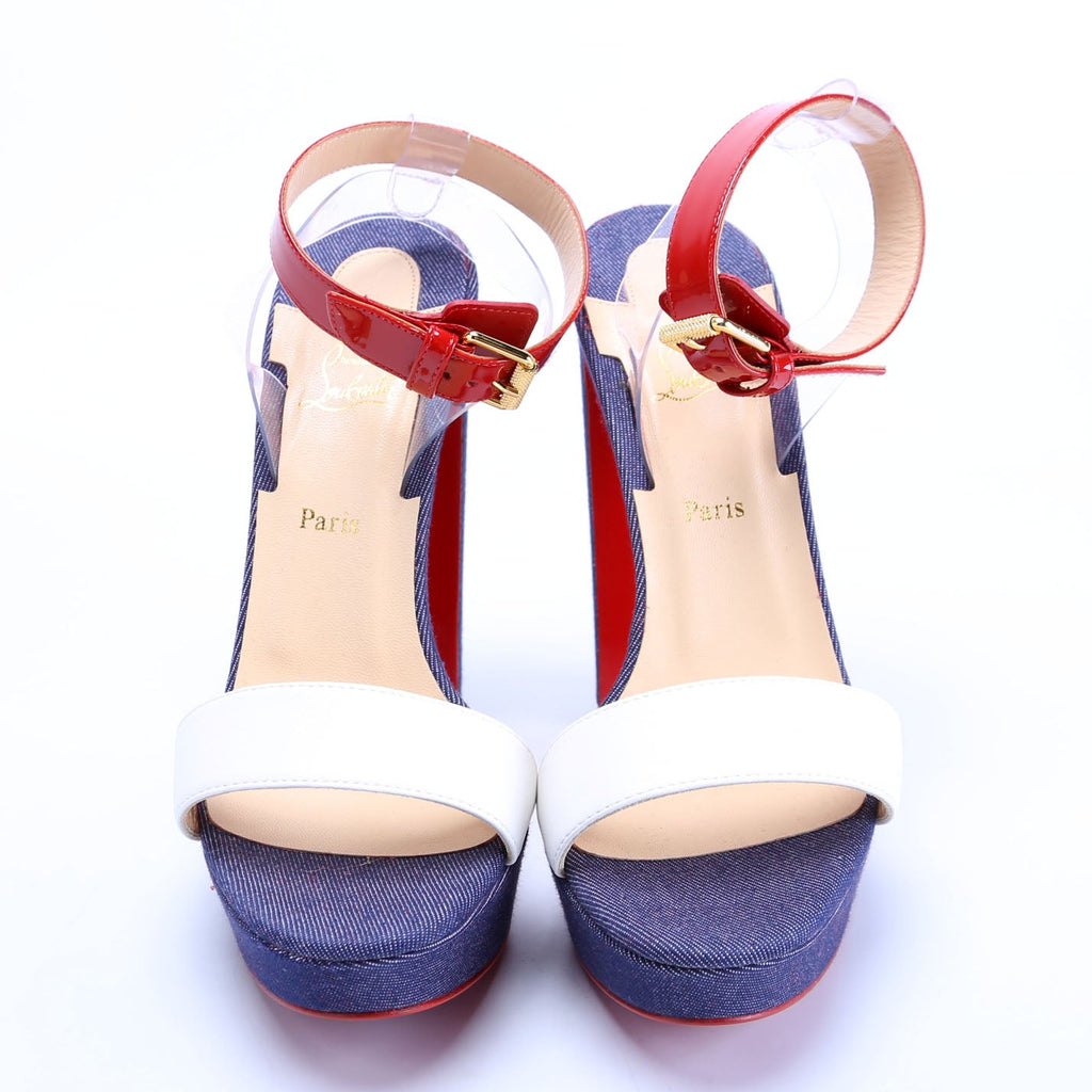 Cherry Sandal 140MM Denim/Patent Sandals Size 38 Red/White/Blue