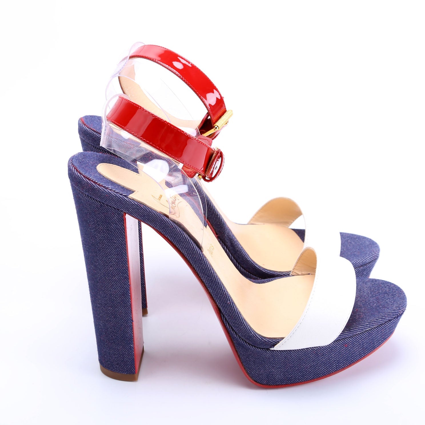 Cherry Sandal 140MM Denim/Patent Sandals Size 38 Red/White/Blue