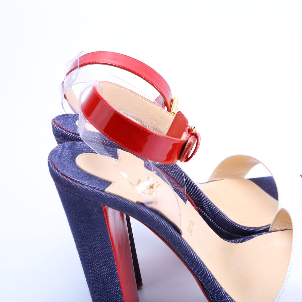 Cherry Sandal 140MM Denim/Patent Sandals Size 38 Red/White/Blue