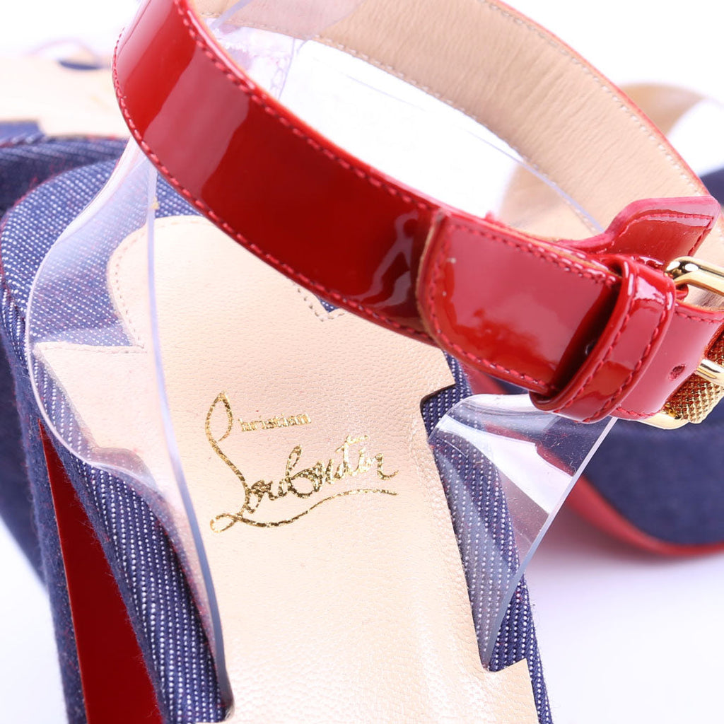Cherry Sandal 140MM Denim/Patent Sandals Size 38 Red/White/Blue