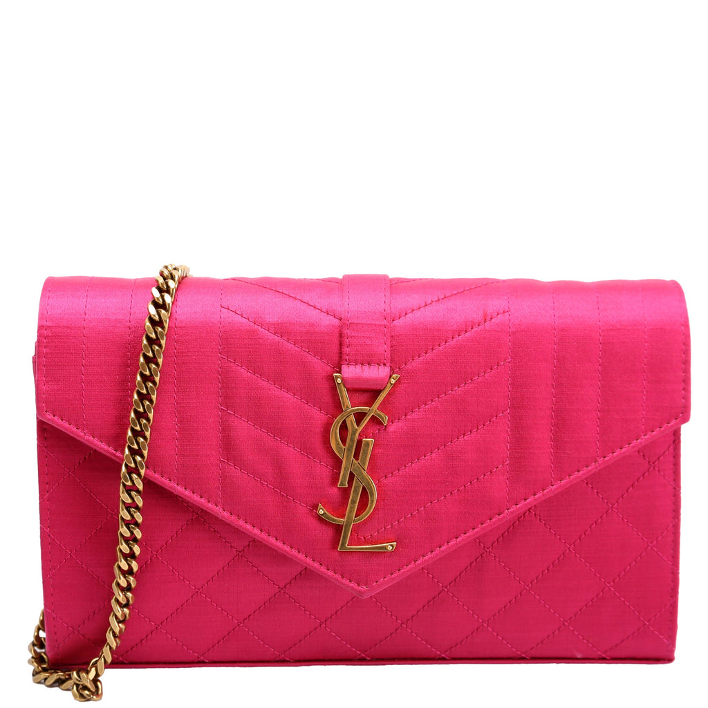 SAINT LAURENT Triquilt Satin Chain Wallet Pink/Gold