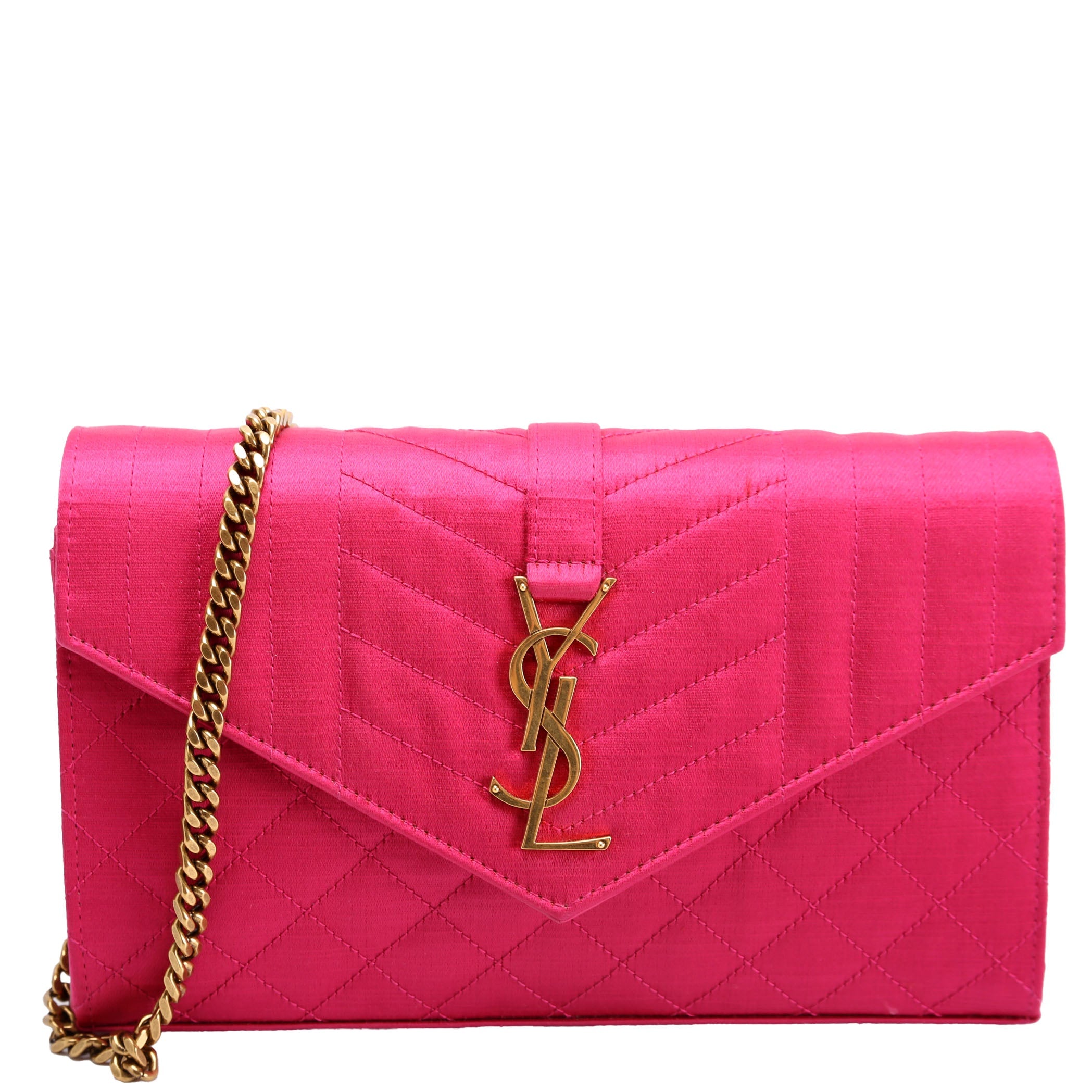 SAINT LAURENT Triquilt Satin Chain Wallet Pink/Gold