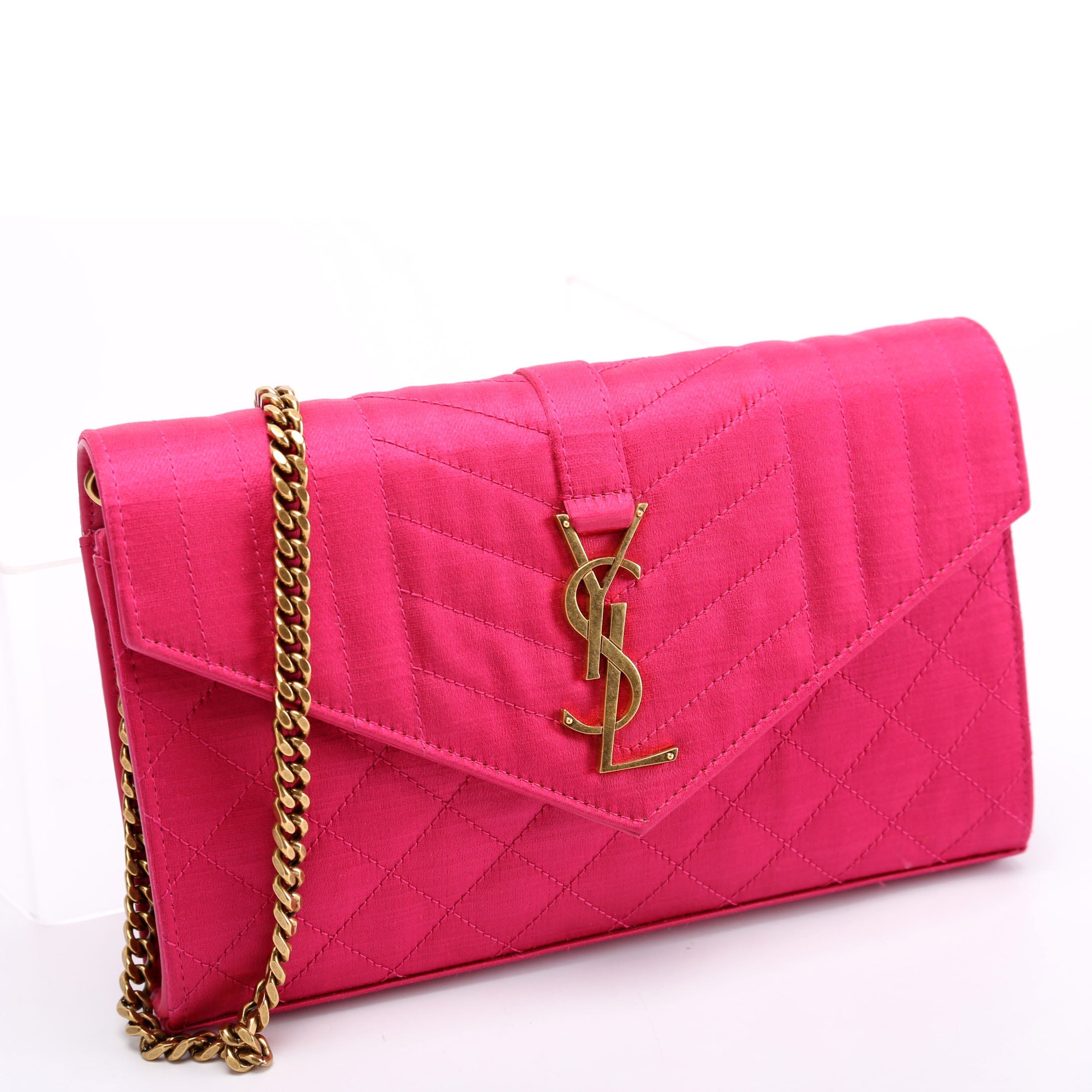 SAINT LAURENT Triquilt Satin Chain Wallet Pink/Gold