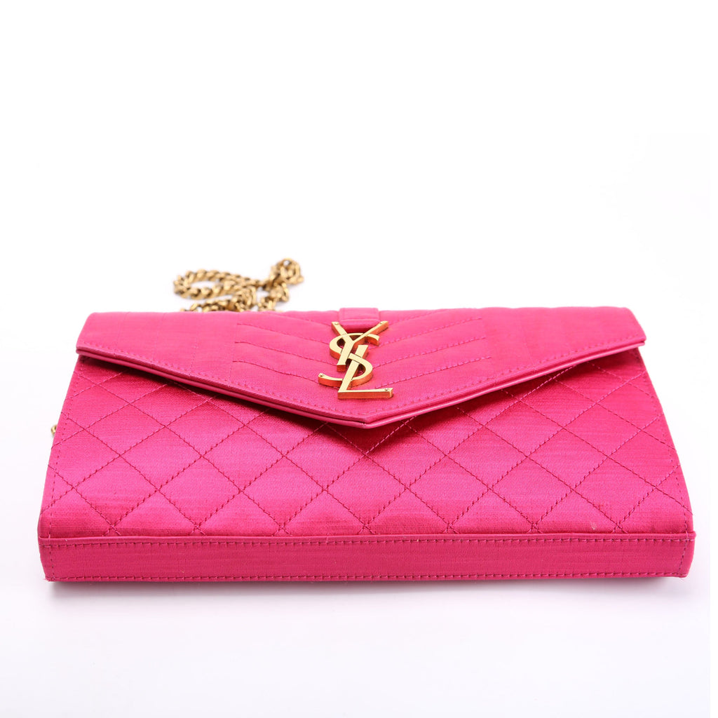 SAINT LAURENT Triquilt Satin Chain Wallet Pink/Gold