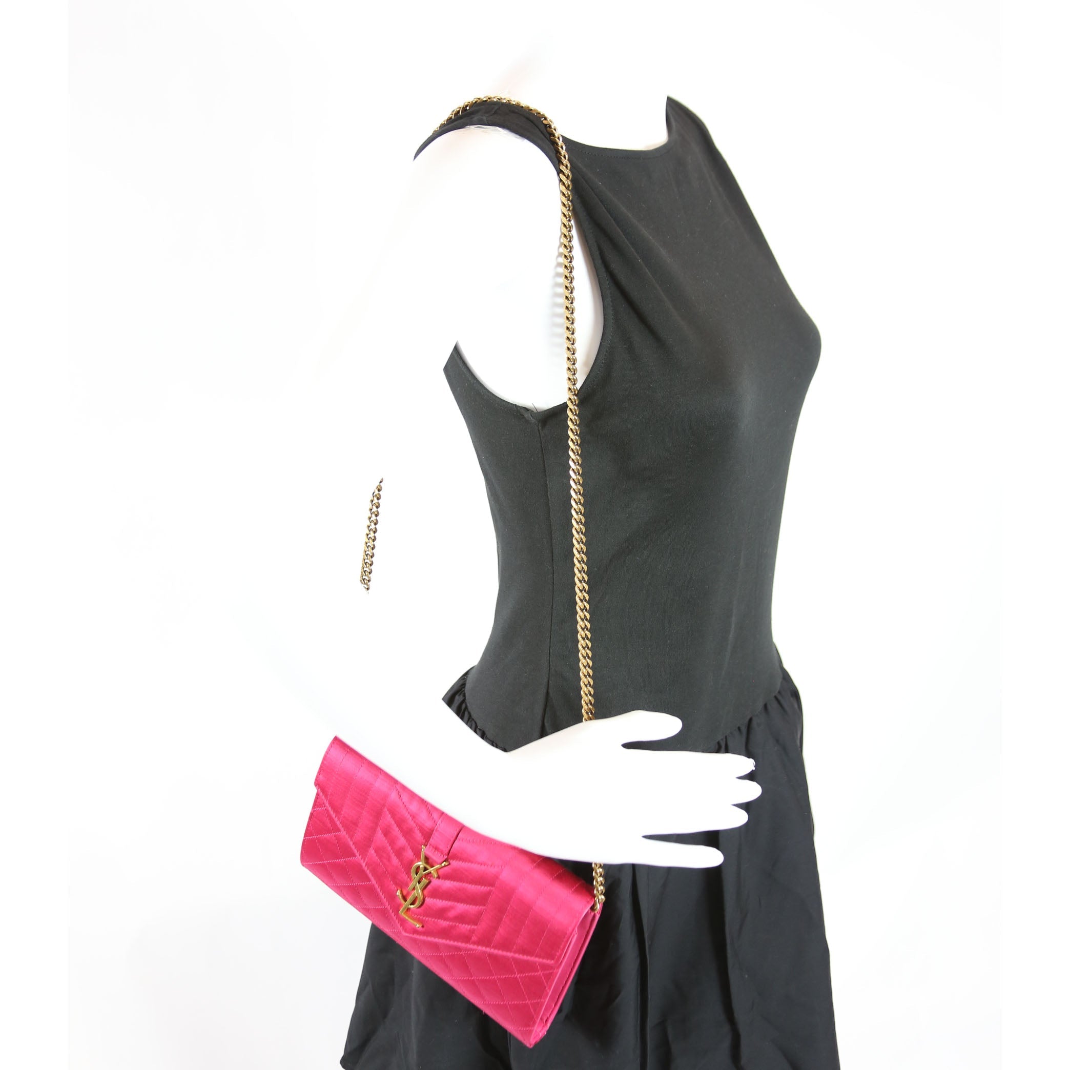 SAINT LAURENT Triquilt Satin Chain Wallet Pink/Gold