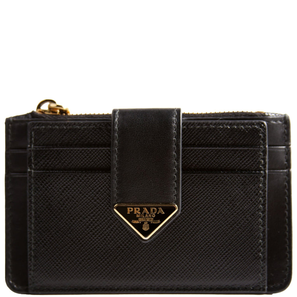 1MC038 Saffiano Triangle Logo Zip Card Case Black