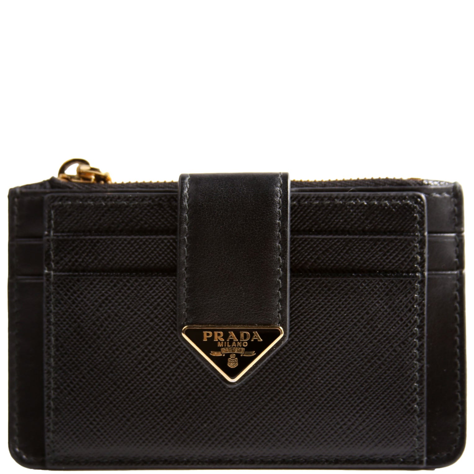 1MC038 Saffiano Triangle Logo Zip Card Case Black