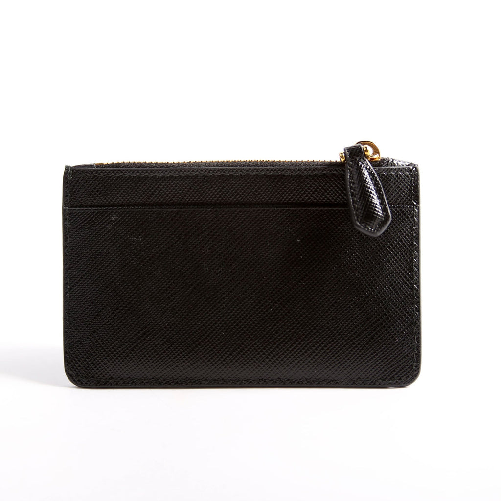 1MC038 Saffiano Triangle Logo Zip Card Case Black