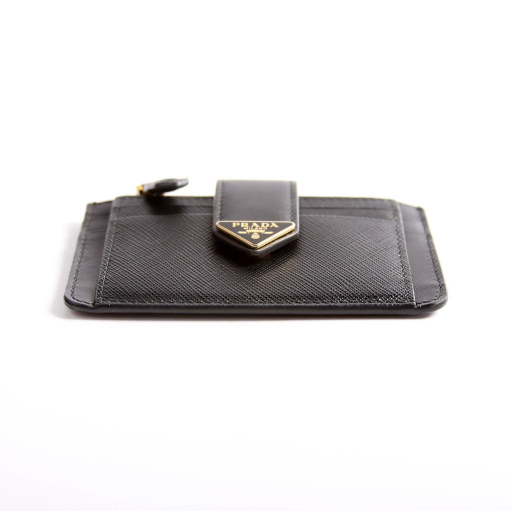 1MC038 Saffiano Triangle Logo Zip Card Case Black
