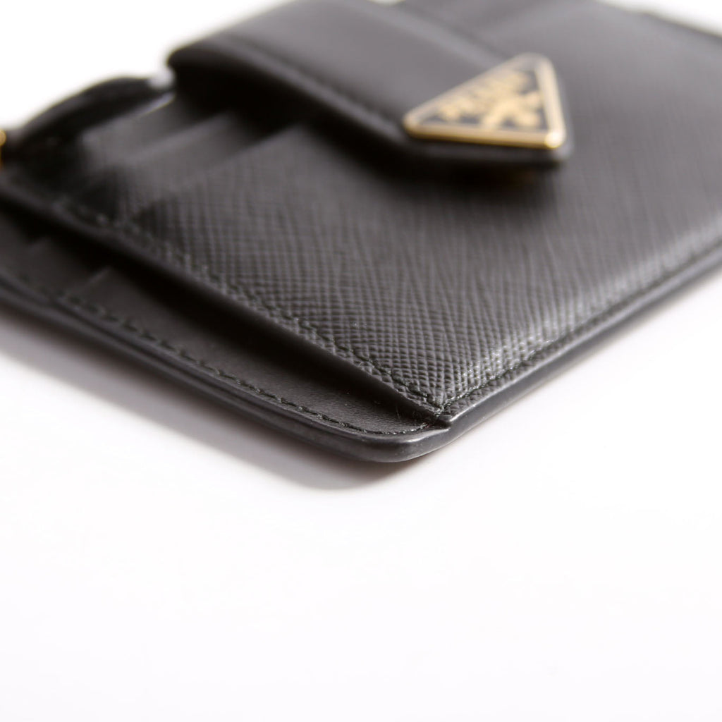 1MC038 Saffiano Triangle Logo Zip Card Case Black