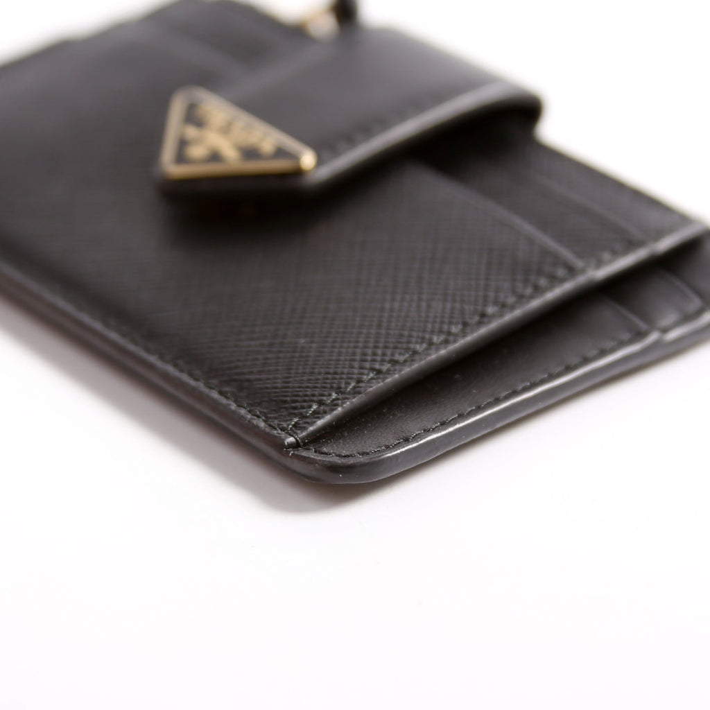 1MC038 Saffiano Triangle Logo Zip Card Case Black
