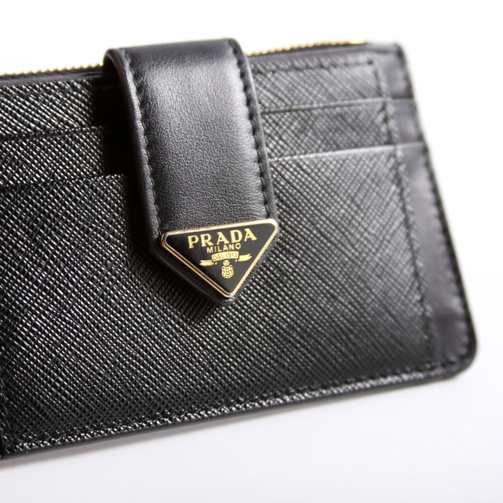 1MC038 Saffiano Triangle Logo Zip Card Case Black