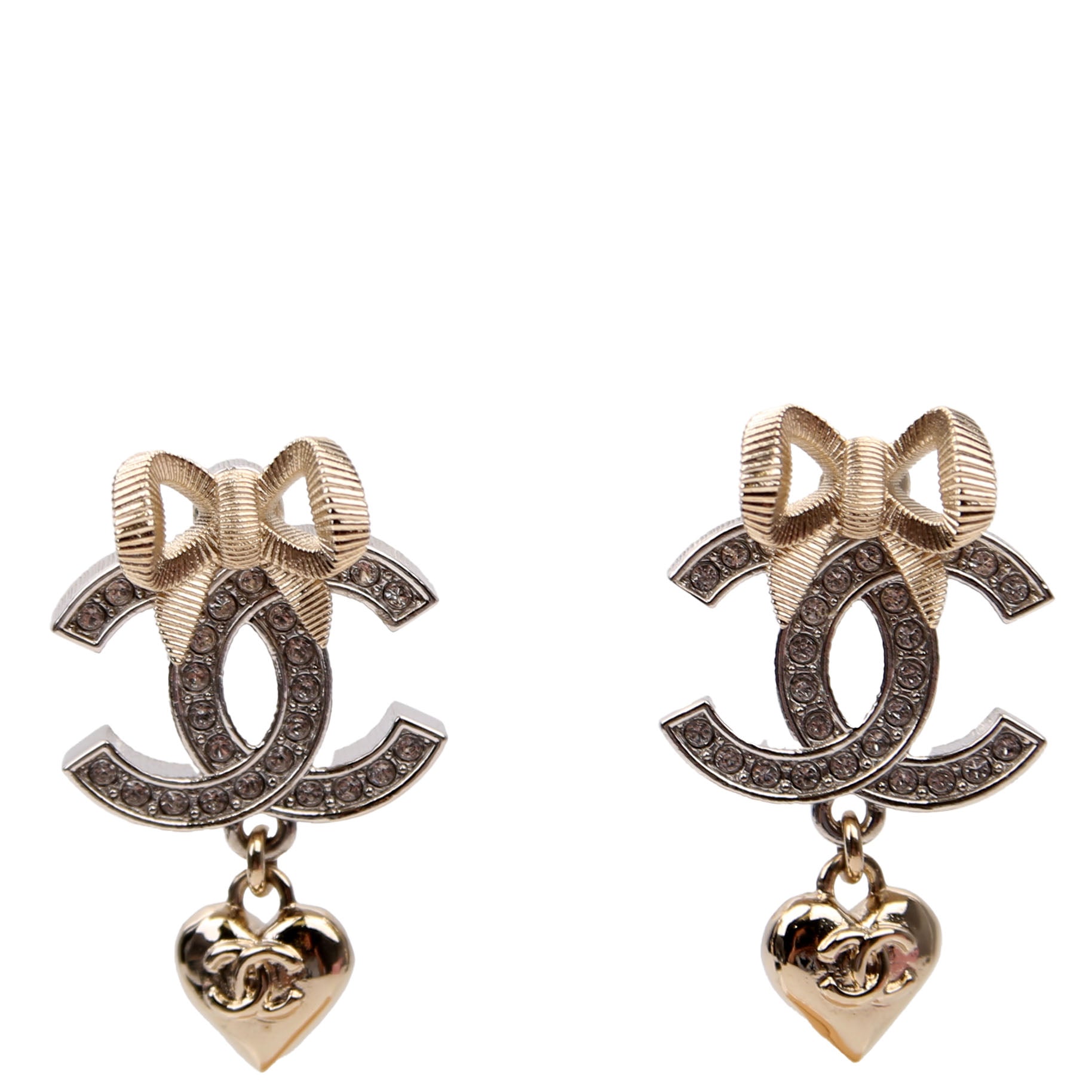CC Strass Bow Heart Drop Stud Earrings
