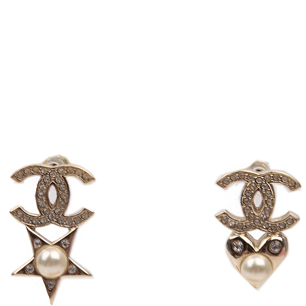 Strass CC And Faux Pearl Heart And Star Drop Earrings Gold