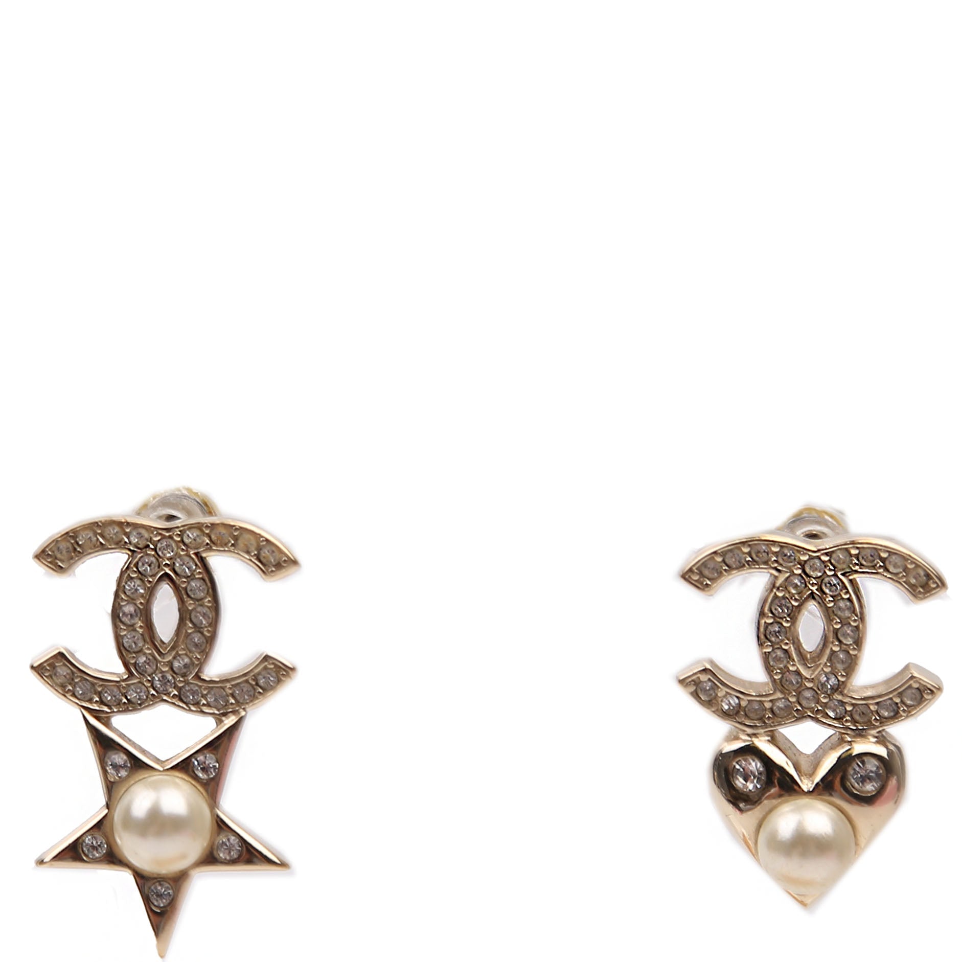 Strass CC And Faux Pearl Heart And Star Drop Earrings Gold